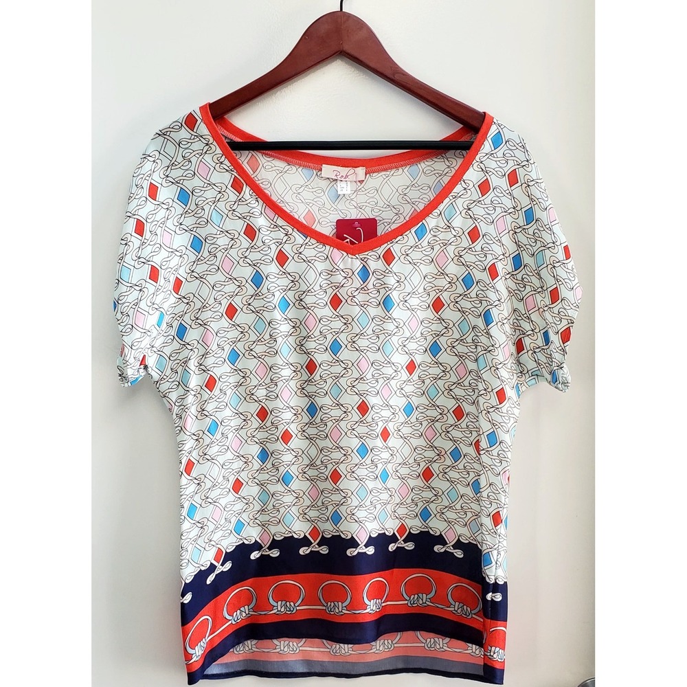 Robell R.O.B. Blouse NWT Scarf Link Knot Print Coral/Navy/Gold 4 Srt Slv Viscose